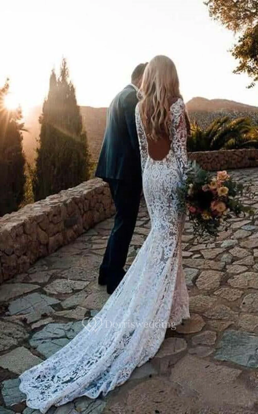 Vestido de novia bohemio de encaje de manga larga | Vestido de novia bohemio blanco occidental con espalda descubierta view 4