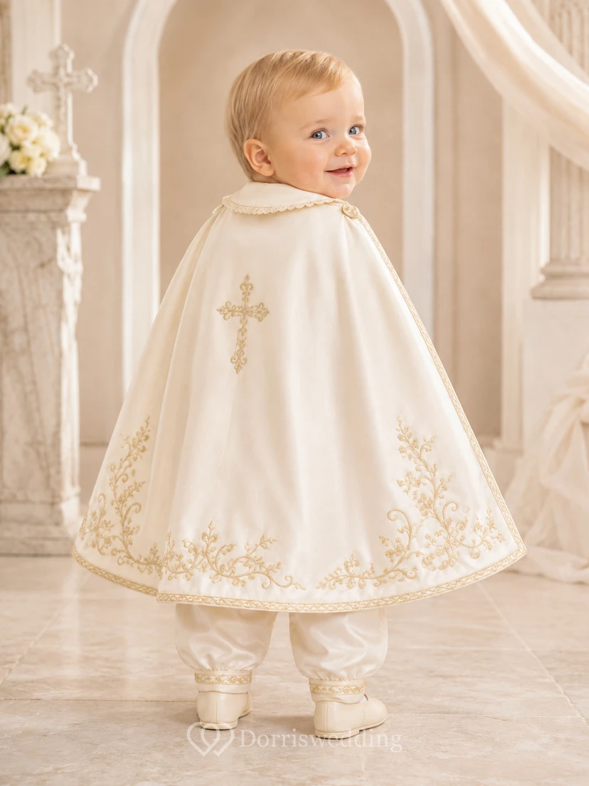 Luxuriöser elfenbeinfarbener Langarm-Jumpsuit mit goldbesticktem Cape zur Taufe – perfekt für Babys view 2