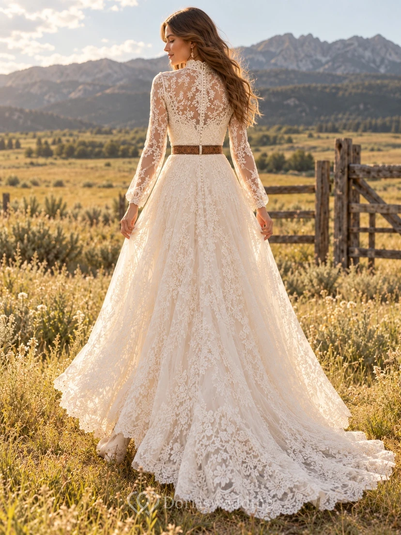 Country Western High-low High Neck Bell Sleeve Lace Wedding Dress view 2