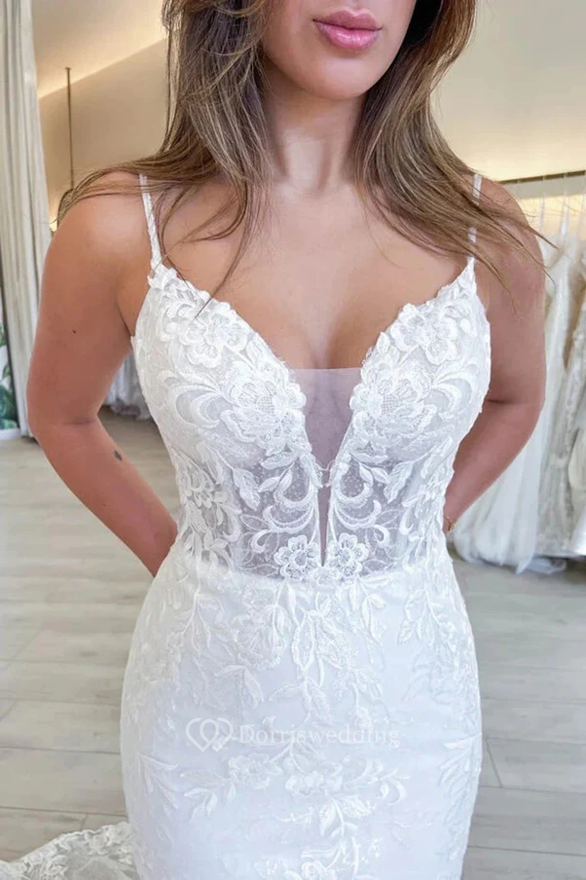 Robe de mariée sirène sexy en dentelle spaghetti avec traîne en tulle view 3