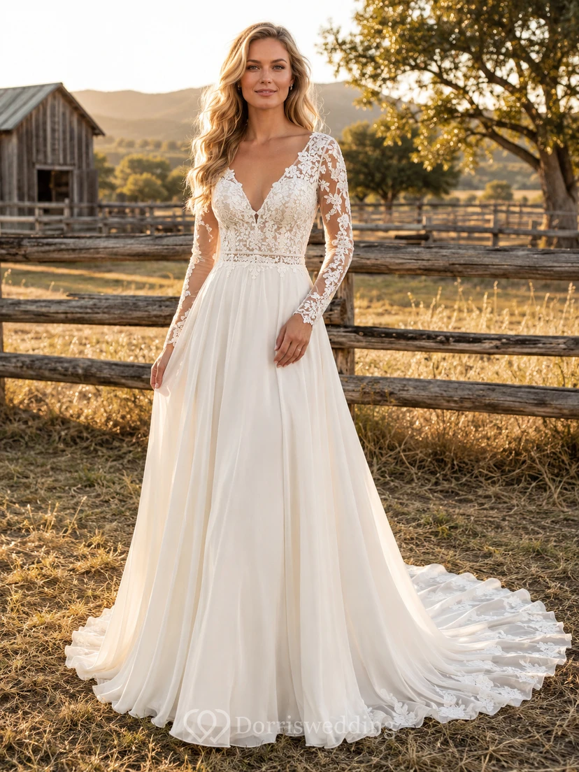 Robe de mariée champêtre en dentelle, coupe trapèze, col en V, manches longues, traîne chapelle