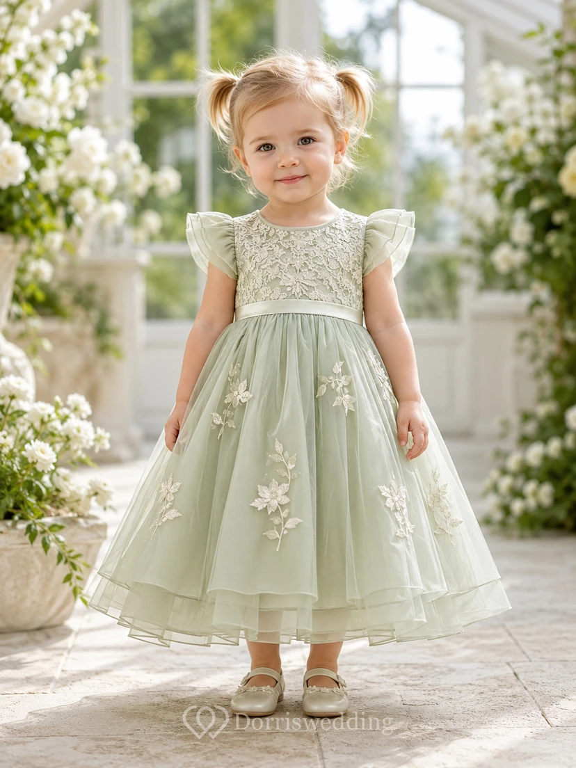 Sage Flower Girl Dress Tea-Length A-Line Floral Lace Ruffle Sleeve Tulle Button Back Bow