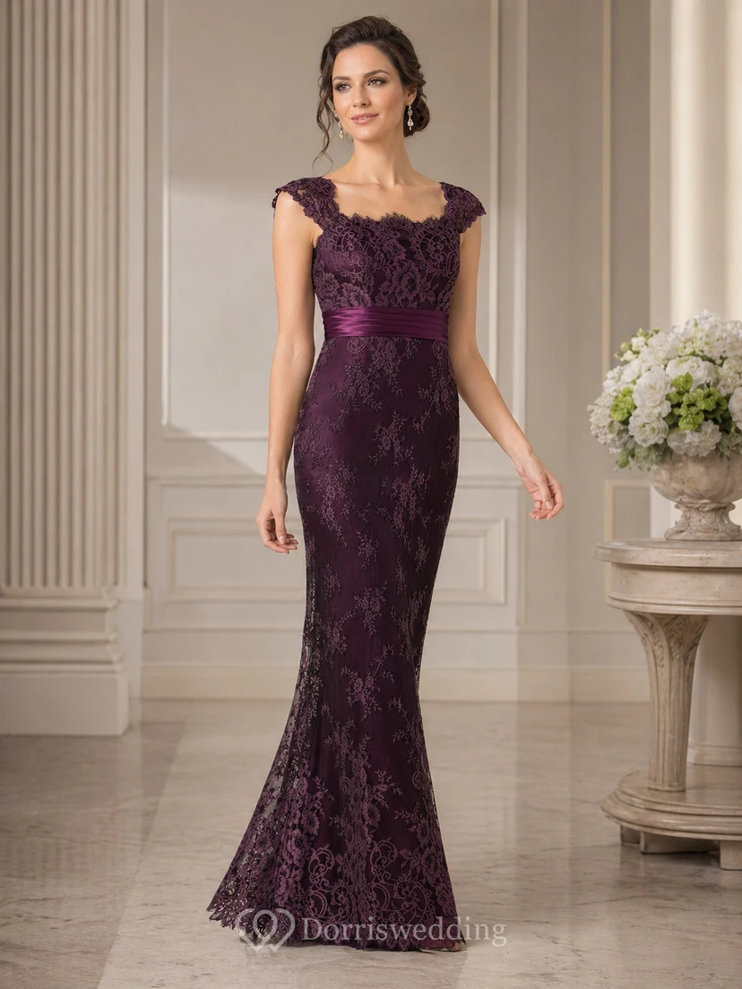 Cap-Sleeved Mother Of The Bride Dress With Appliques And Square Back