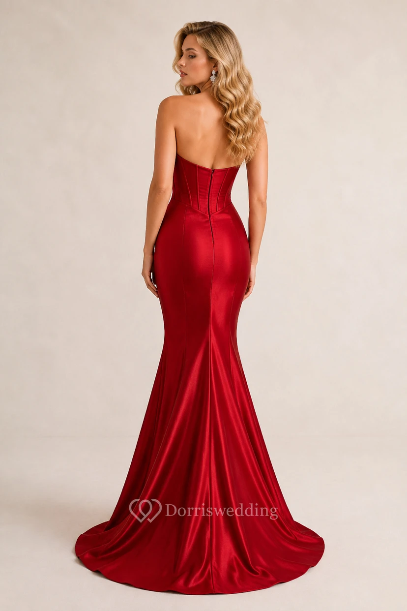 Vestido formal de sirena de satén rojo sin tirantes view 2