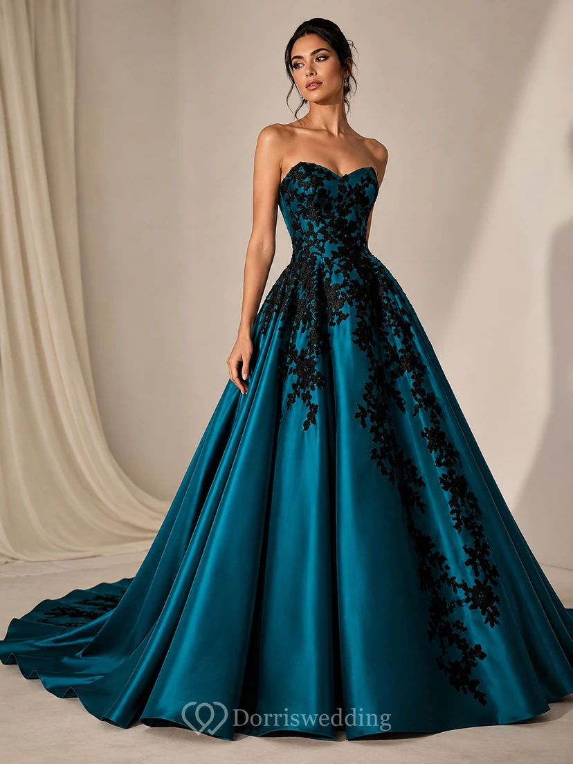A-Line Floor-Length Sweetheart Appliques Chapel Train Zipper Corset Back Lace Satin Dress view 7