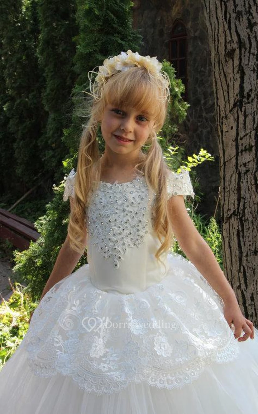 Flower Girl Off-the-shoulder Tulle Ball Gown With Lace view 2