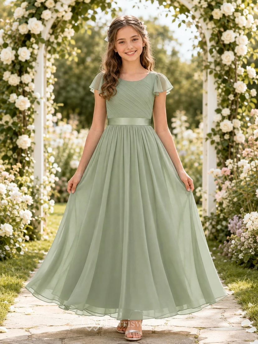 Elegantes, hellgrünes Brautjungfernkleid in A-Linien-Optik mit kurzen Ärmeln aus Chiffon.