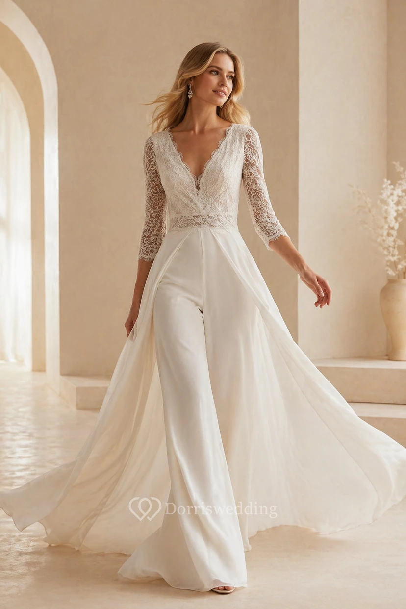 Boho Lace Bodice Wedding Jumpsuit with Scalloped V-Neck & 3/4 Sleeves