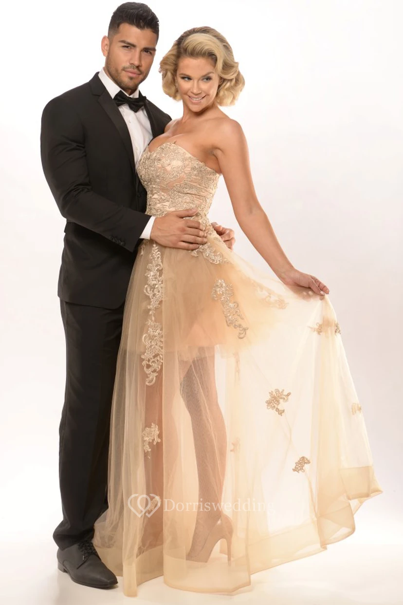 Ärmelloses Tüll-Abendkleid in A-Linie mit Applikationen und herzförmigem Ausschnitt view 2