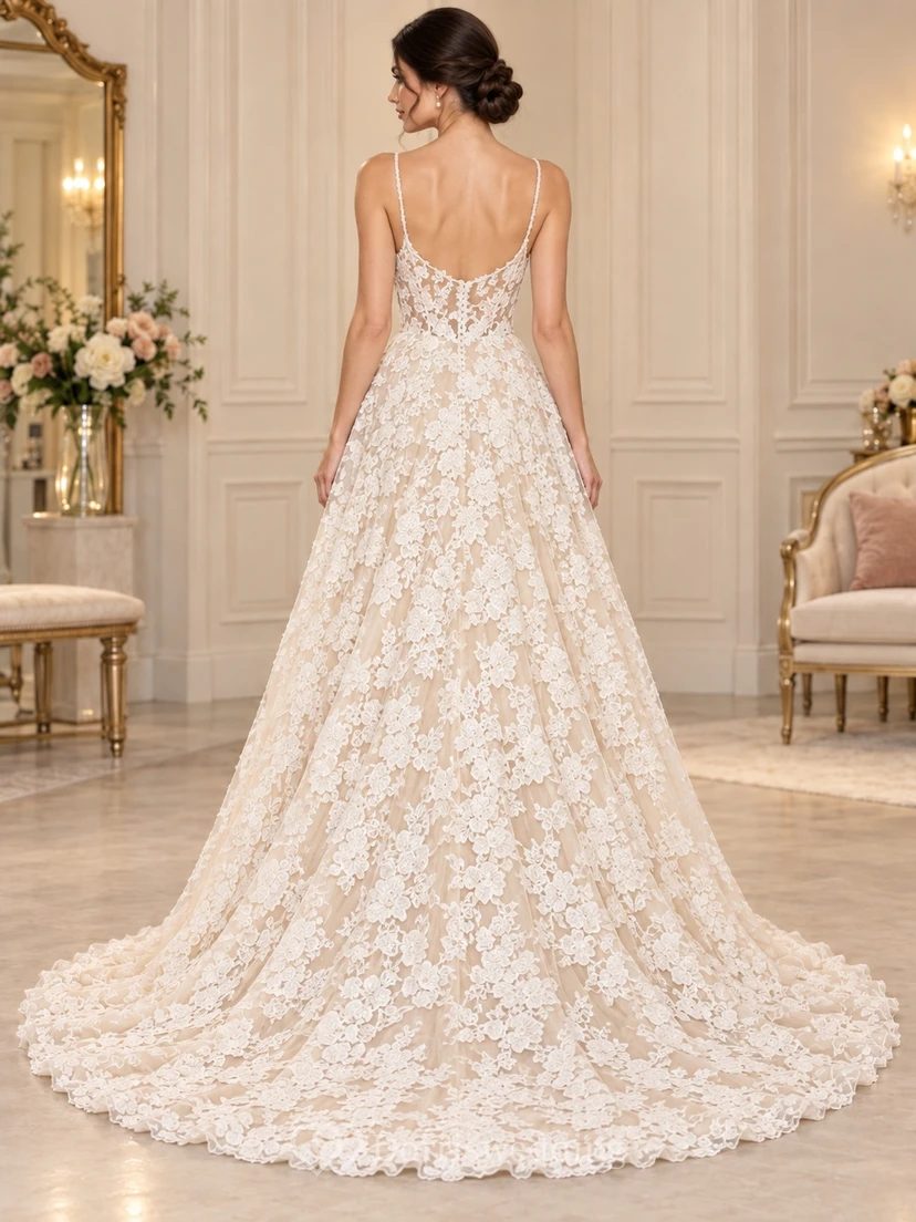 High-low Spaghetti Strap Sweetheart Floral Lace A-line Train Wedding Dress view 2