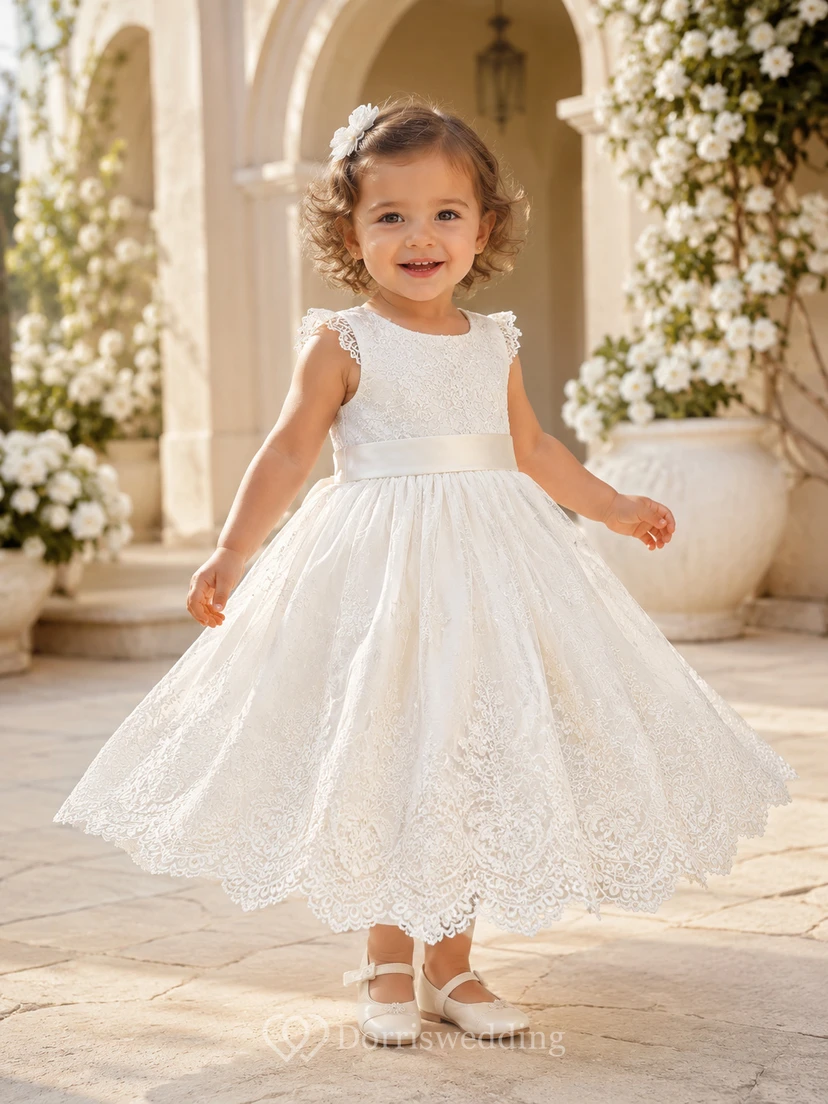 Scalloped Lace Hem Baptism Dress A-Line Tulle Jewel Neck Sleeveless Tea-Length