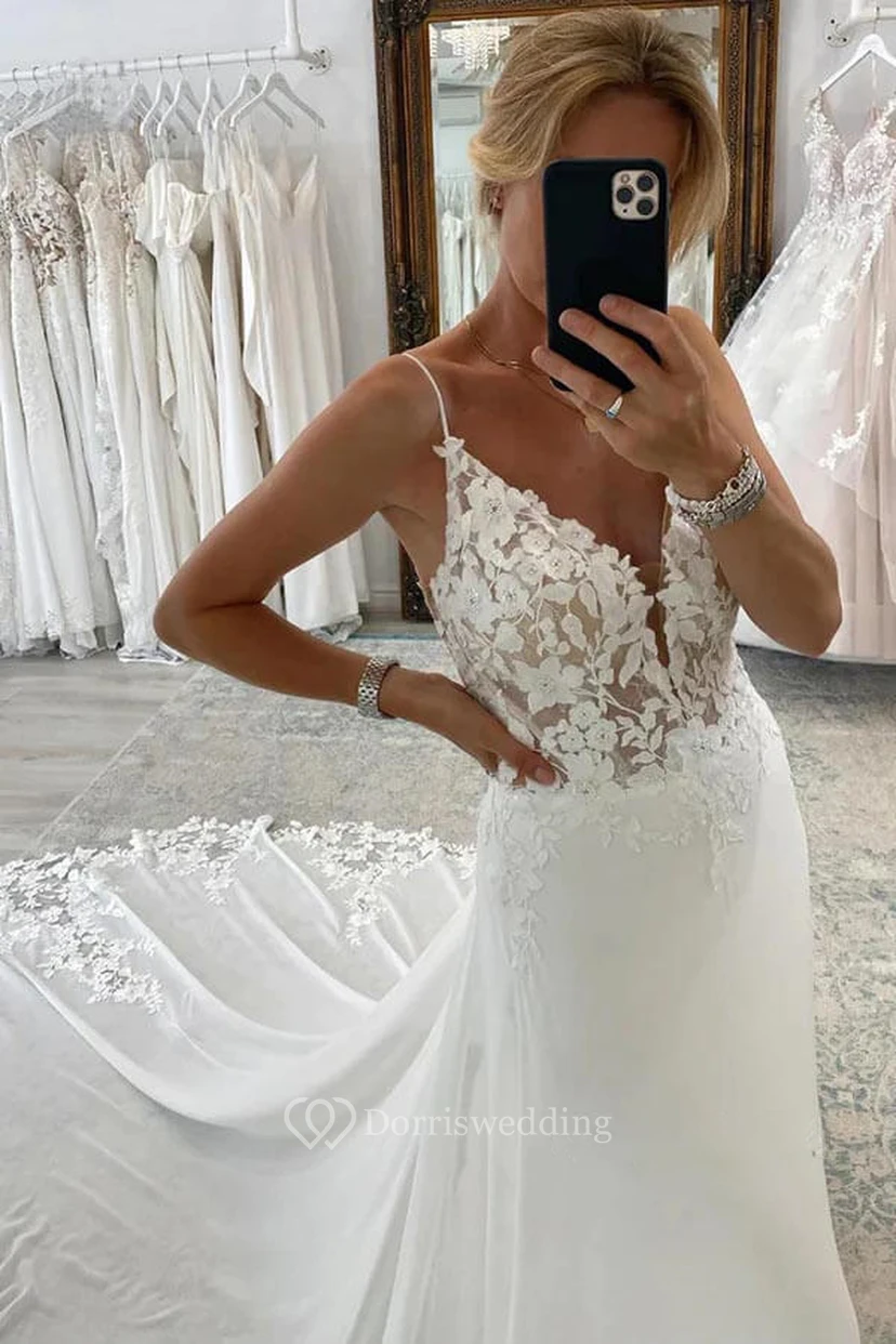 Spaghetti Chiffon Empire Wedding Dress with Lace Top view 3