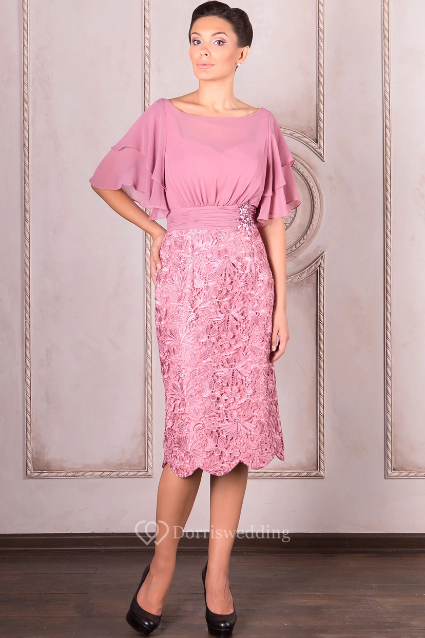 Pencil Knee-Length Poet Sleeve Bateau Neck Appliqued Chiffon Mother Of The Bride Dress