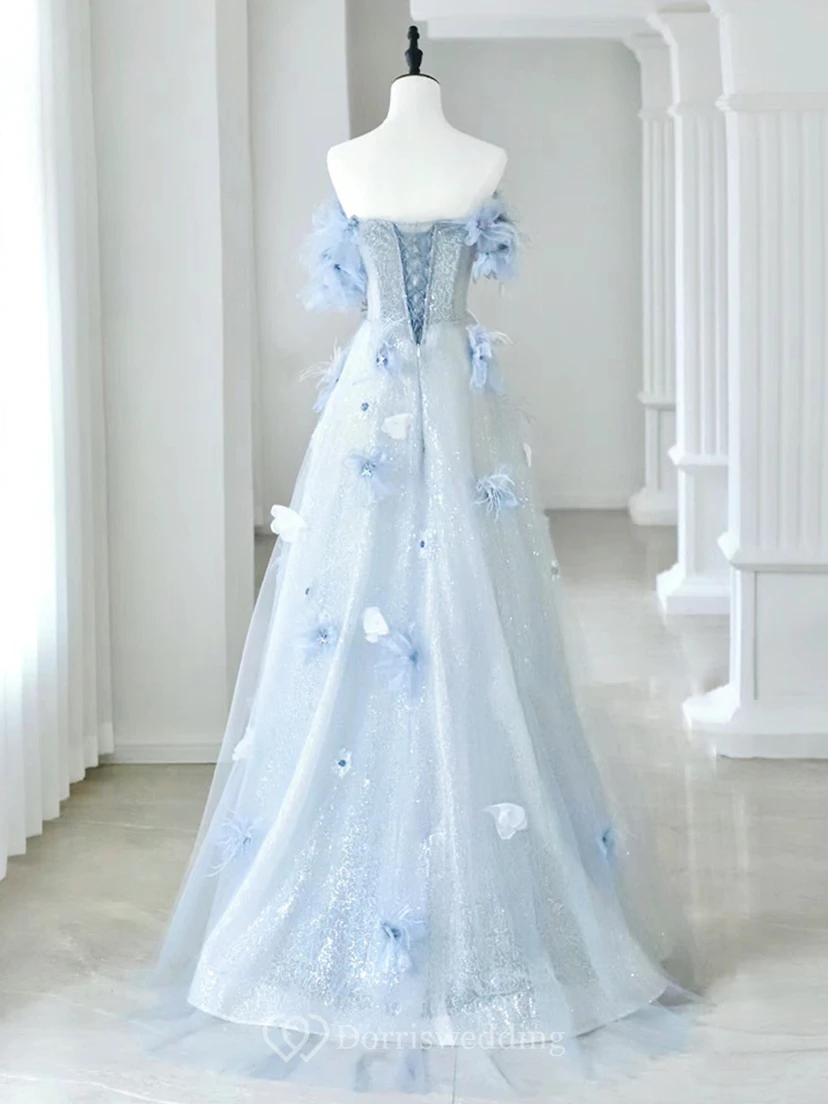 Hellblaues schulterfreies Ballkleid mit Blumenmuster view 12