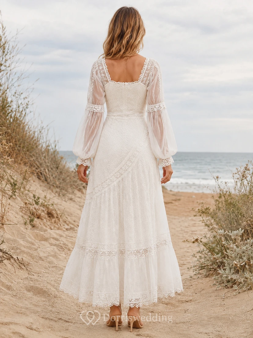Bohemian White Ankle-Length Off-Shoulder Poet Sleeve Lace Dress Destination Celebration view 2