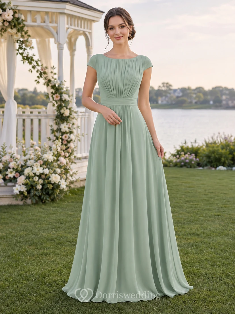 Sage green cap sleeve pleated chiffon floor length junior bridesmaid gown