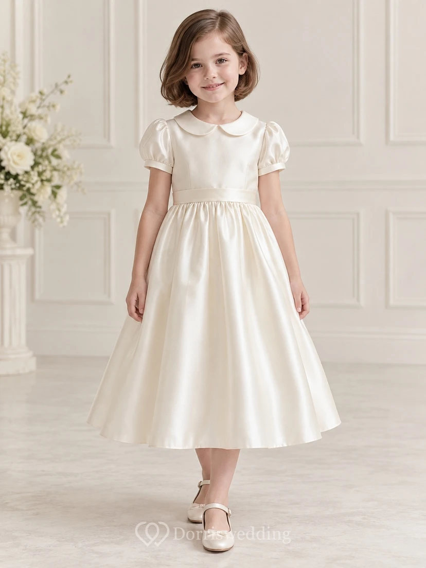 Tea-length Vintage Simple Ivory A-line Satin Collared Puff-sleeve Flower Girl Dress