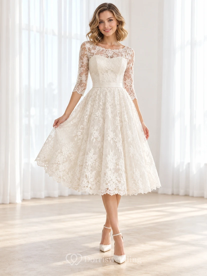 Tea-length Modest Bateau Half Sleeve Floral Lace A-line Wedding Dress