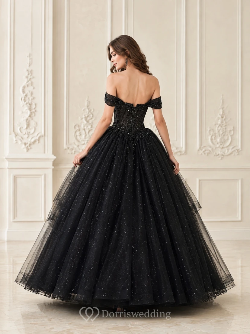 Black Sparkle Off-Shoulder Ball-Gown Floor-Length Short-Sleeve Tulle Luxury Quinceanera Gown view 2