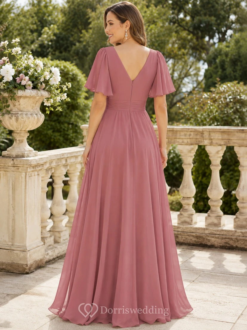 Vestido formal de gasa con escote en V y mangas acampanadas color rosa empolvado view 2