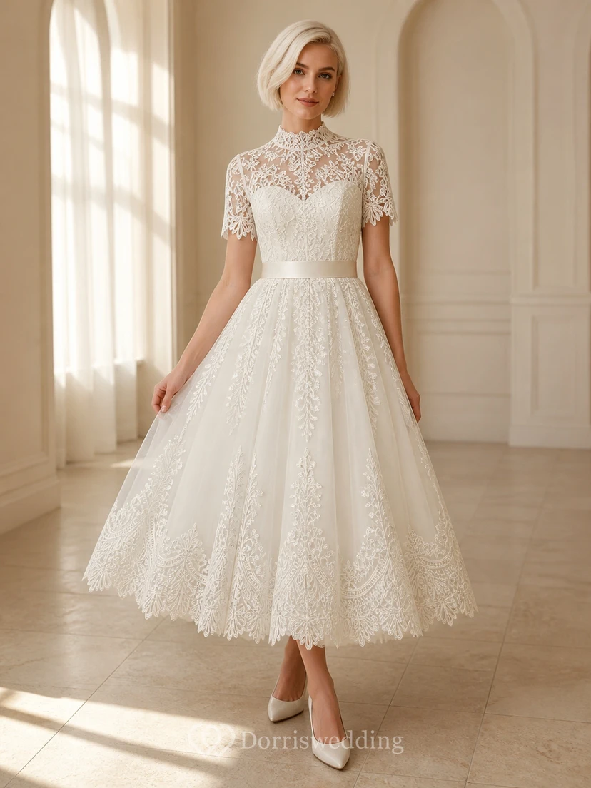 Elegantes Mutterkleid in Teelänge, A-Linie, Satin, Taille, kurze Ärmel, Spitze