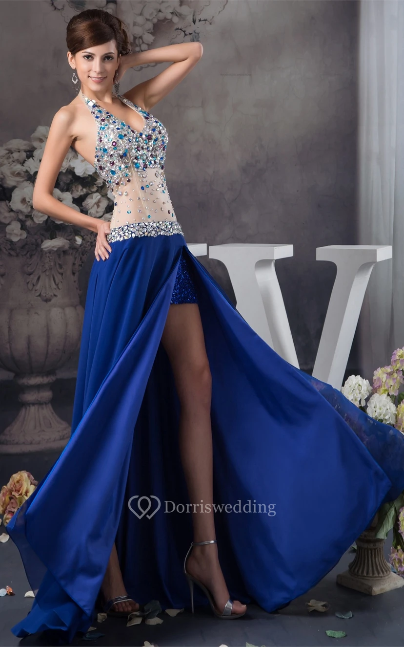 Plunged Front-Split Illusion Waist and Dress With Rhinestone view 8