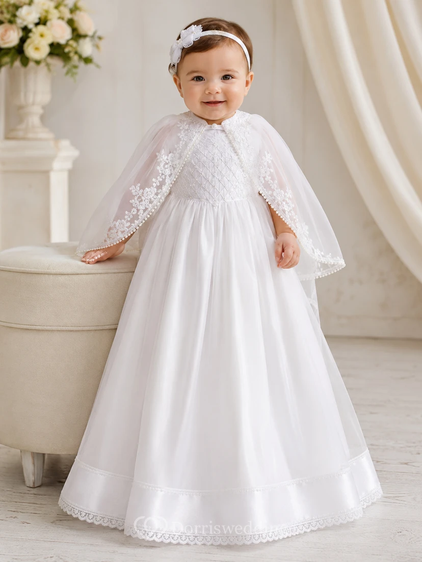Modest Baby Baptism Christening Ceremony Gown A-Line Floor-Length Jewel Neck Long Sleeve Satin Detachable Cape Button Back