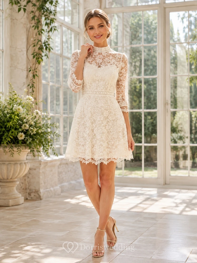 Lace V-Neck Three Quarter Sleeve Vintage Wedding Dress