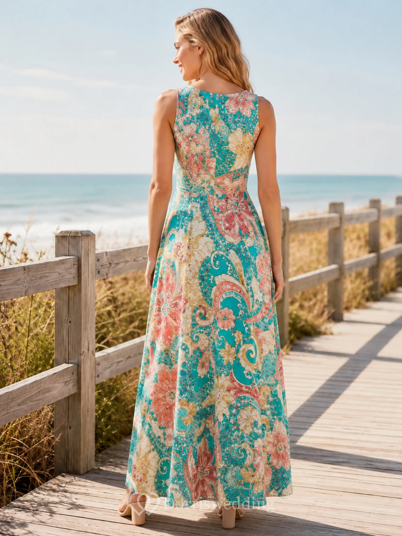 Vestido largo sin mangas de batik con estampado paisley turquesa para resort de playa view 2