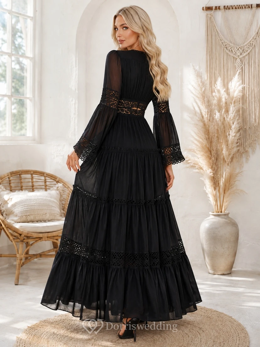 Black Chiffon Deep-V Long Bell Sleeve Tiered Bohemian Maxi Dress view 2