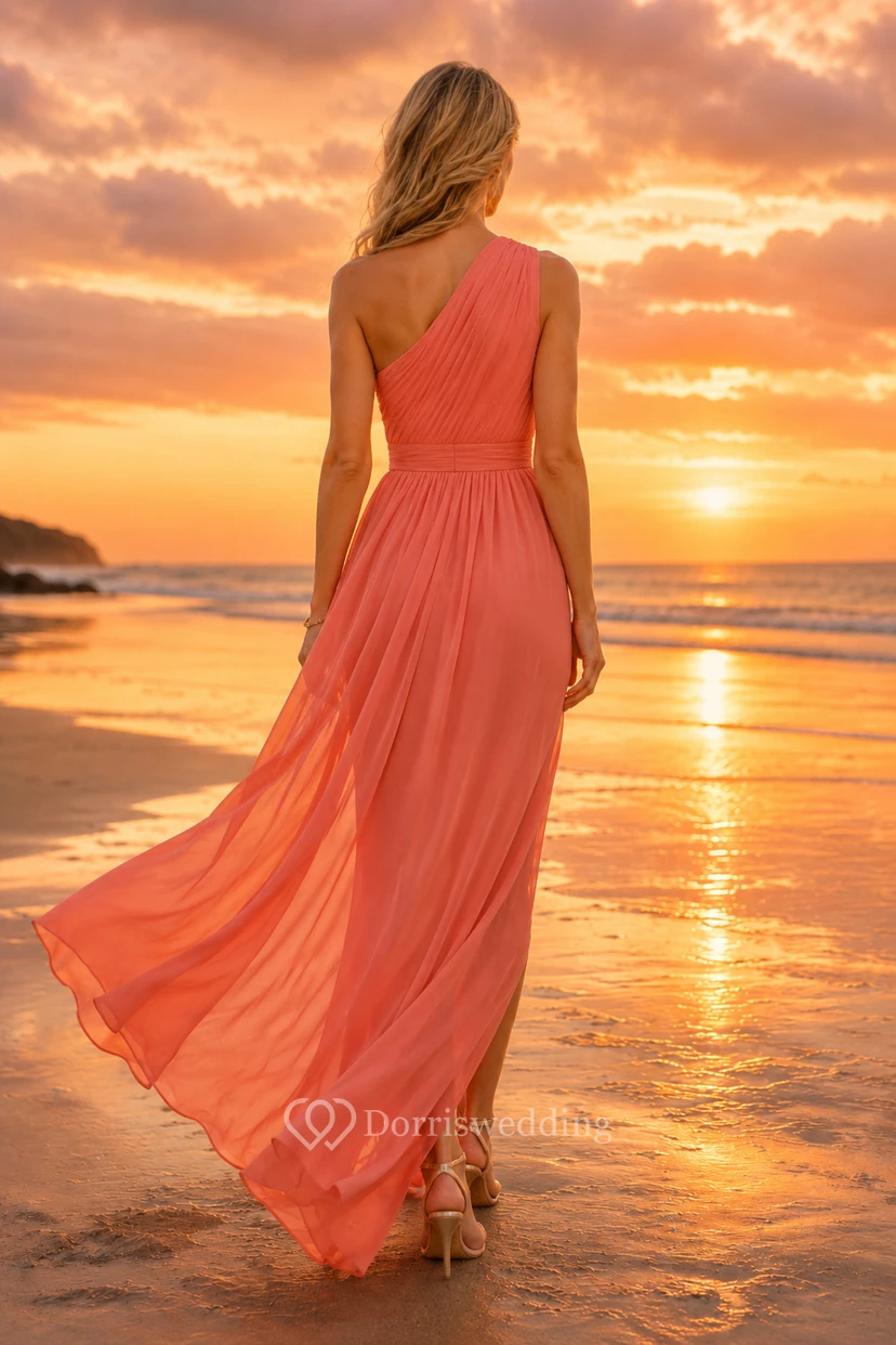Korallenfarbenes, asymmetrisches Chiffon-Abendkleid mit Schlitz und One-Shoulder-Ausschnitt view 2