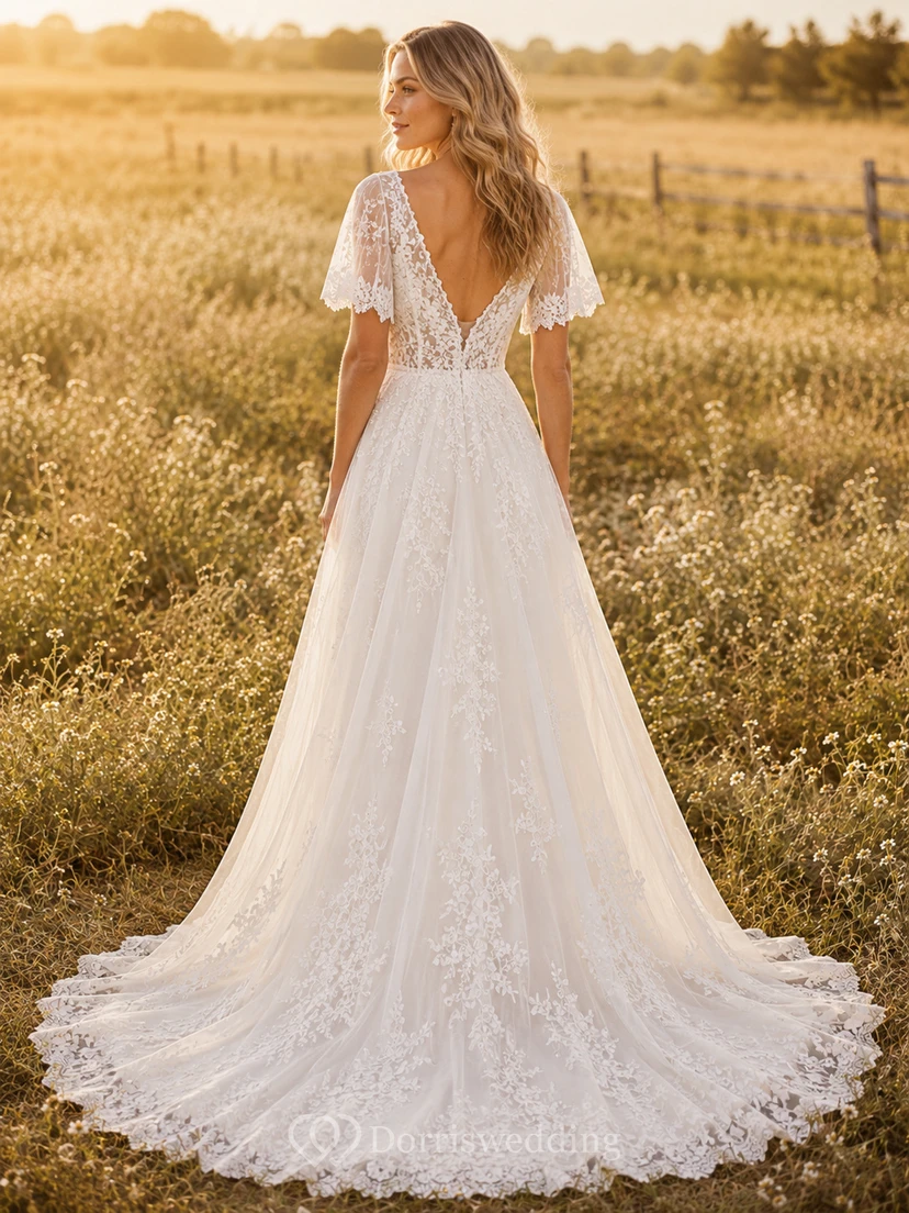 Country Tulle Wedding Dress A-Line V-Neck Flutter Sleeve Chapel Train Low V Back Bridal Gown view 2