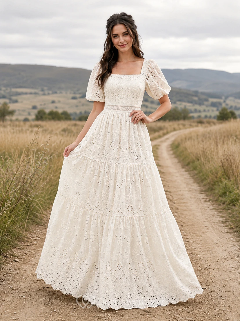 Country Lace Wedding Dress A-Line Square Neck Short Sleeve Sweep Train Bridal Gown