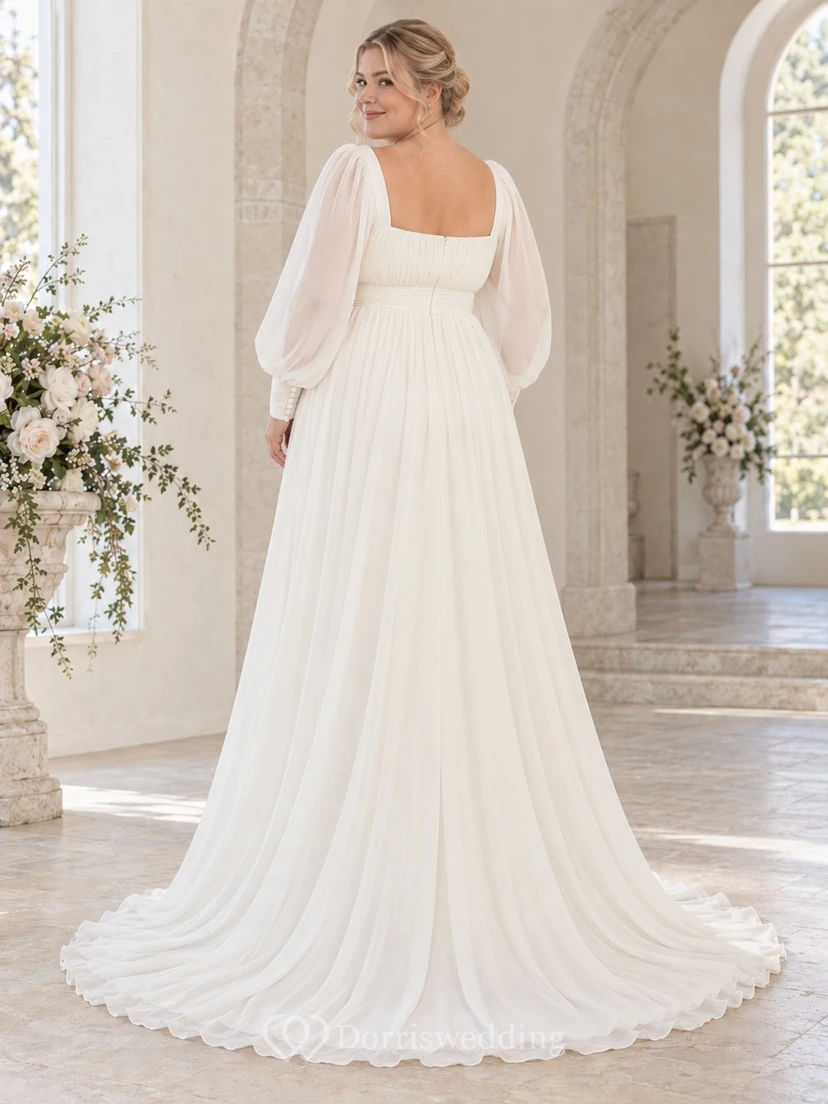 Vestido de novia de gasa de manga larga con escote cuadrado discreto y estilo imperio, con fruncido suave. view 2