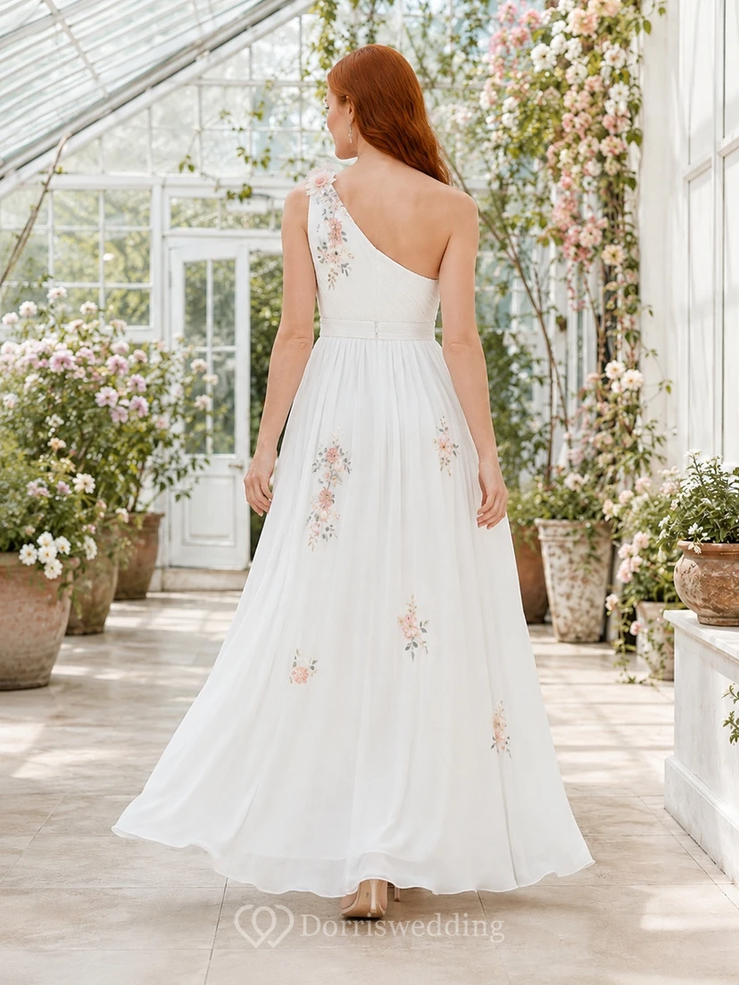 Romantic White Floral One-Shoulder Chiffon A-Line Ankle-Length Garden Guest Dress view 2
