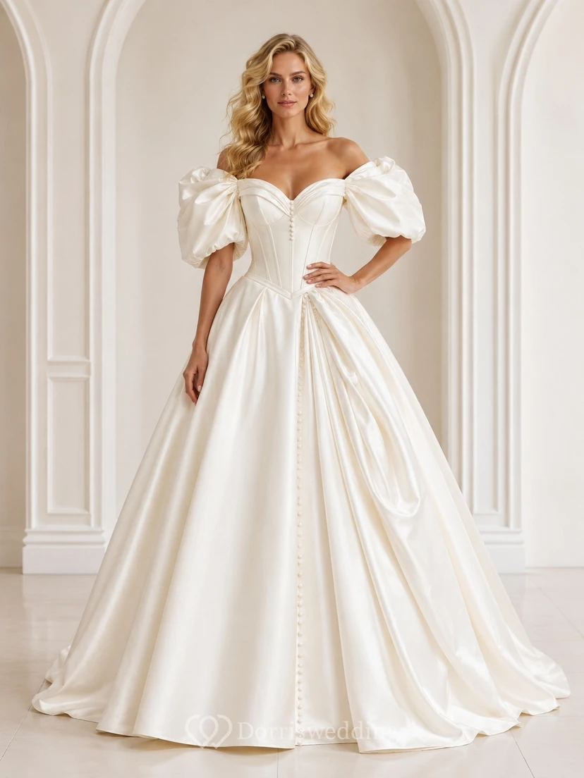 Vestido de novia vintage elegante de satén blanco con mangas cortas, escote Bardot y corte en A.