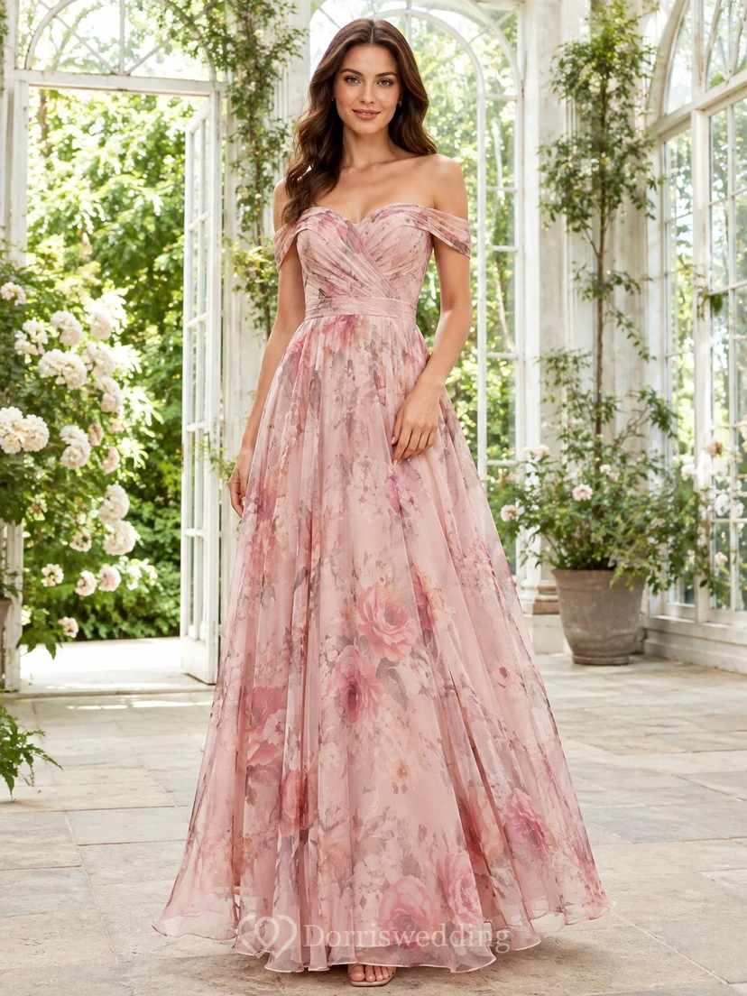 Blushing Pink Floral Off-Shoulder Sweetheart Chiffon A-Line Floor-Length Romantic Gown