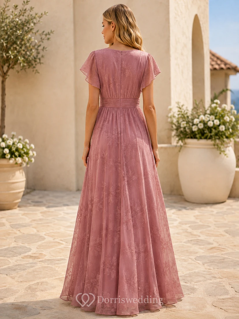 Vestido de noche formal largo hasta el suelo, de gasa rosa empolvado con escote en V y mangas acampanadas, corte en A. view 2