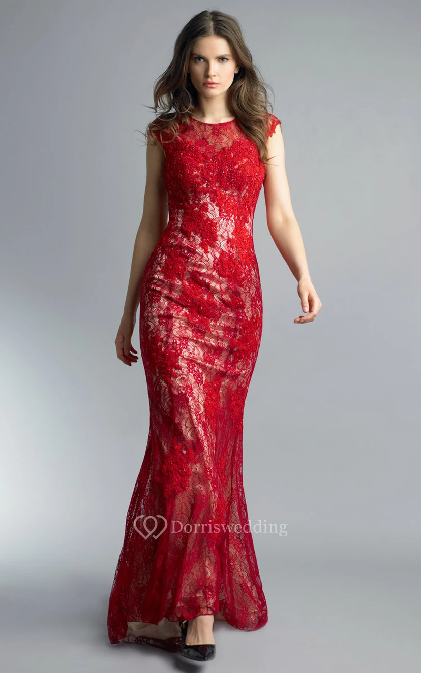 Meerjungfrauen-Kleid mit bodenlangem, juwelenbesetztem, kurzärmeligem Spitzen-Illusionskleid