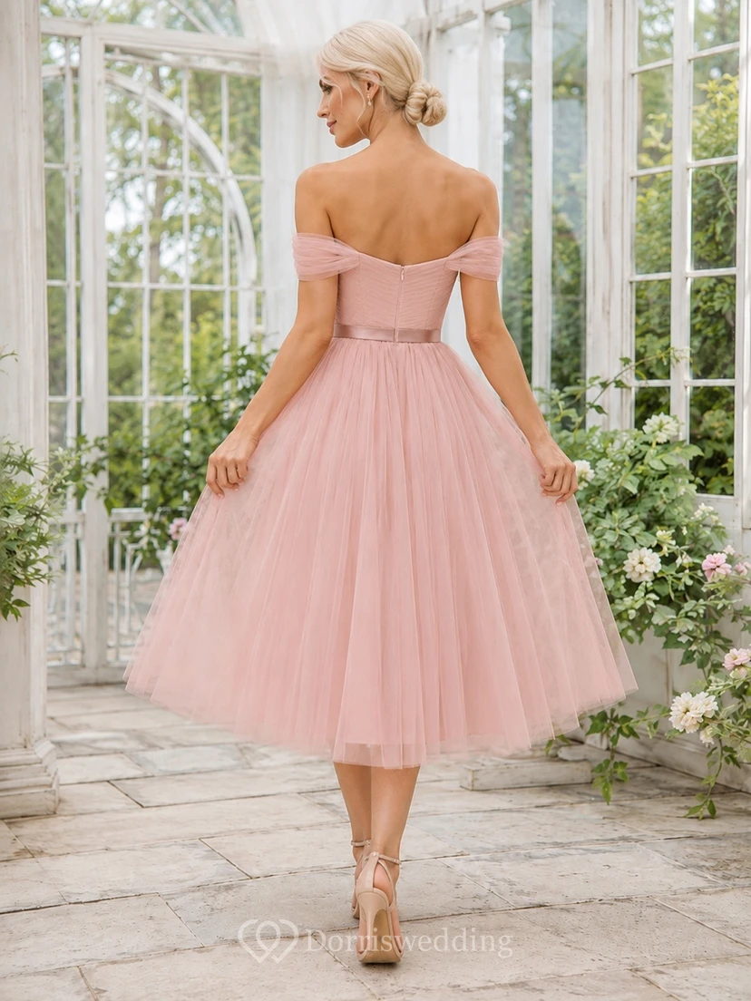 Blush Tulle Sweetheart Strapless Ball Gown Tea-length Prom Dress view 2