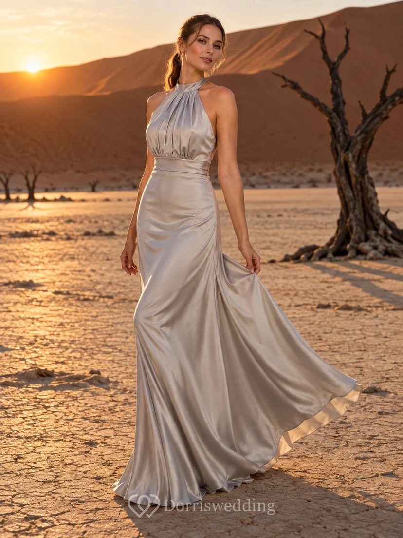 Simple High Neck Halter Sleeveless Silver Satin Gathered Bodice Sheath Wedding Dress