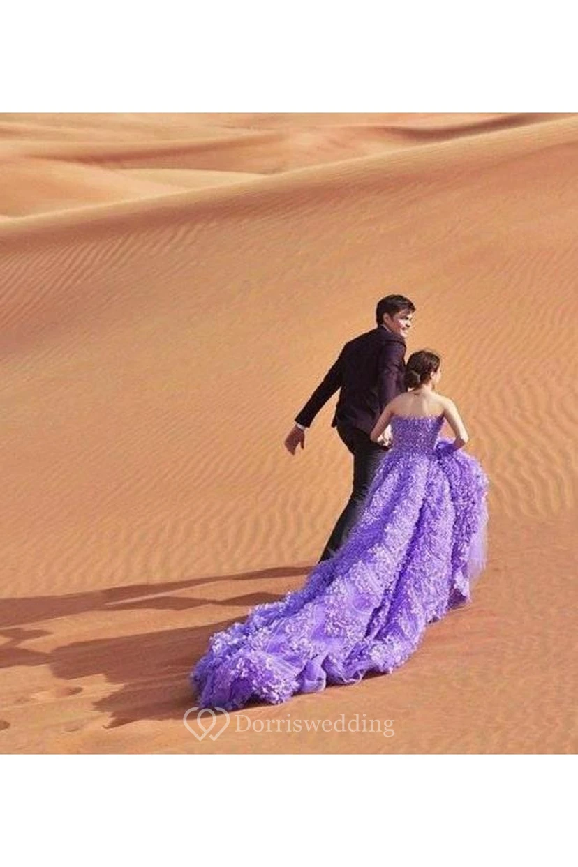 wedding dress with purple train Lace Appliques Lilac Tulle Long Train Wedding Dress, White