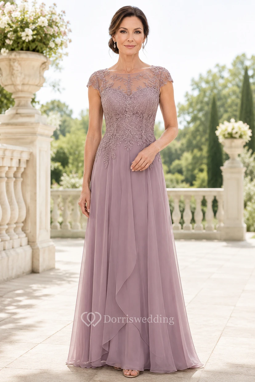 Mauve Lace Bodice Chiffon A-Line Mother Dress