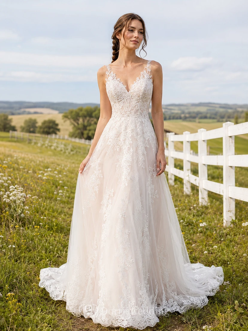 Country V-Neck Sleeveless Floral Lace A-Line Court Train Rustic Wedding Dress