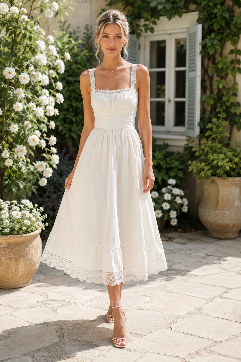 Vestido de invitada de boda blanco de gasa, corte A, escote cuadrado, sin mangas, largo midi.