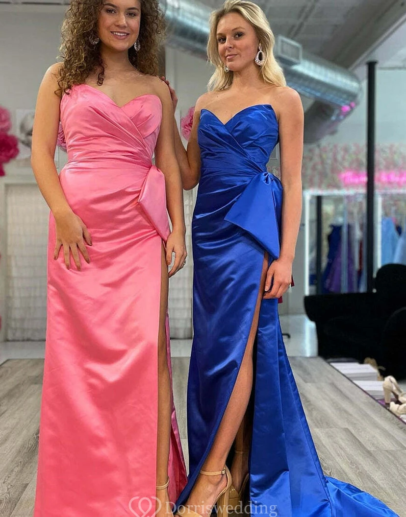 Schlichtes Kleid aus Satin mit gekreuzten Rüschen vorne, Schlitz und Schleife view 12