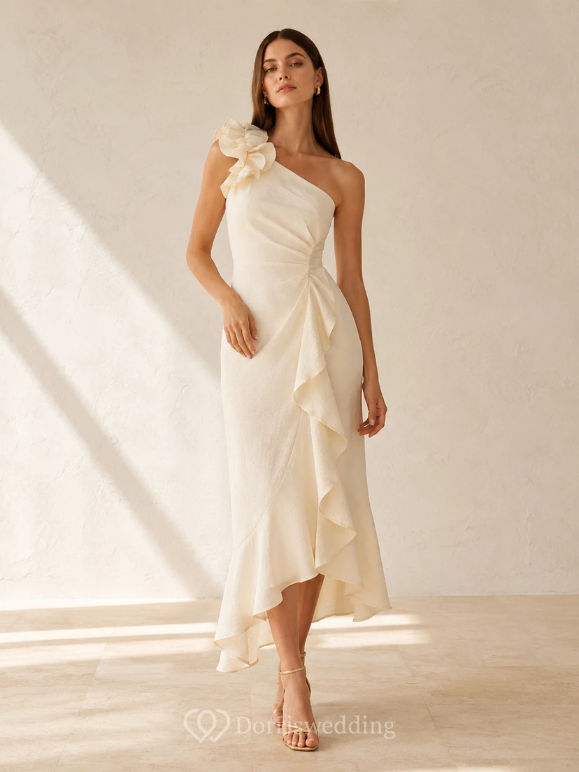 One shoulder floral ruffle asymmetrical courthouse wedding dress