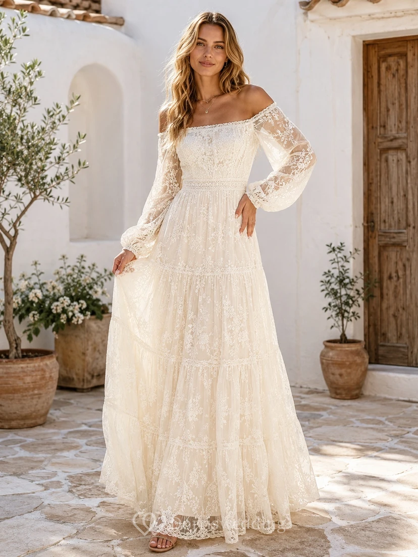 Boho Off-Shoulder Long Bell Sleeve Floral Lace A-Line Floor-Length Formal Dress