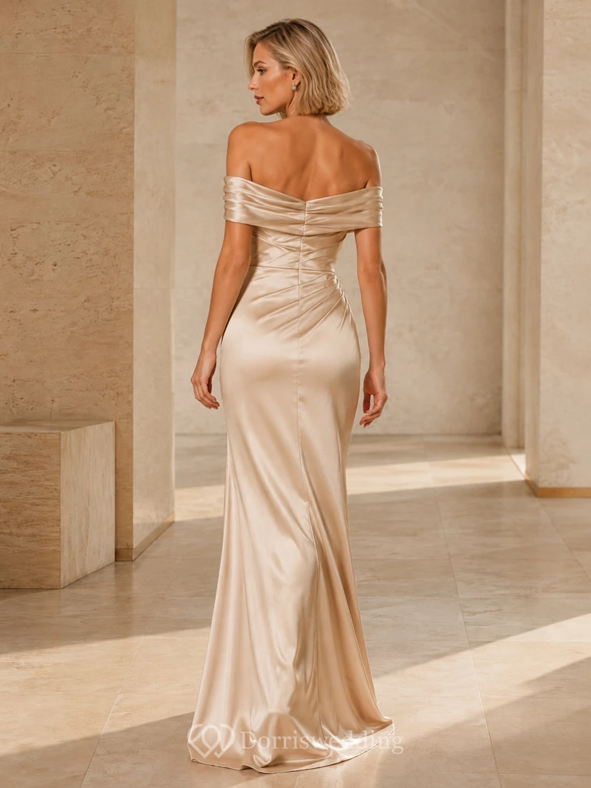Champagne Off-Shoulder Ruched Satin Mermaid Split-Front Formal Evening Gown Sexy view 2