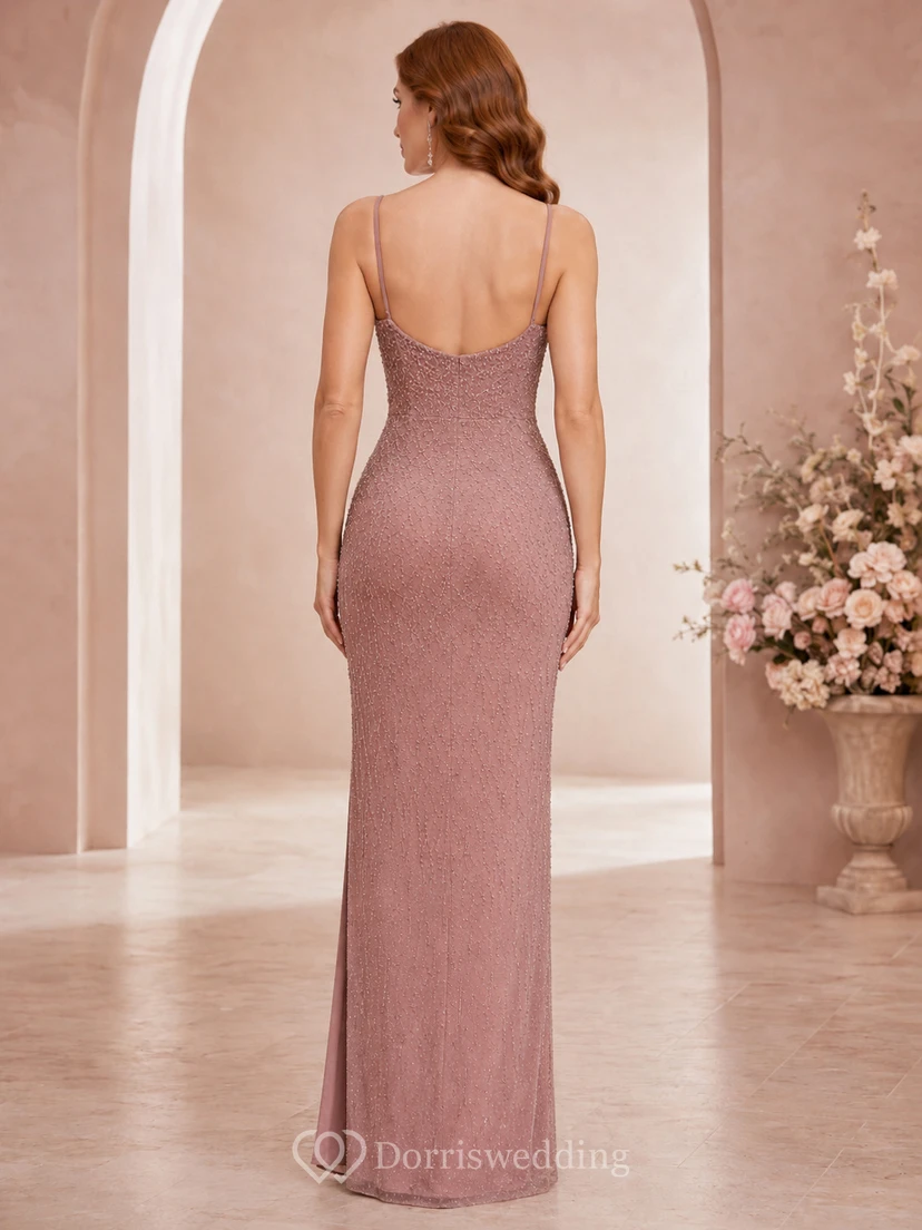 Abendkleid aus Satin in Altrosa mit Spaghettiträgern view 2